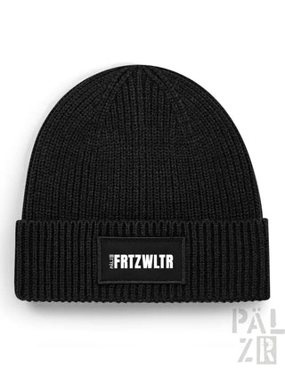 Schwarze Beanie mit weißem Logo und Manschetten-Detail.