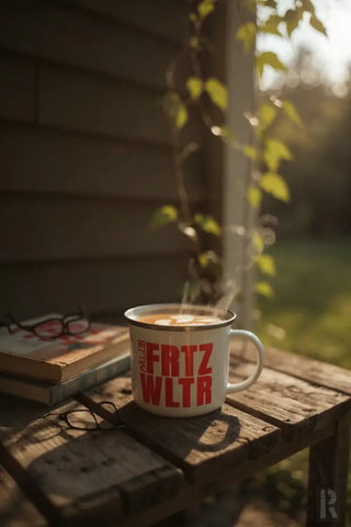 Weiße Emailletasse mit rotem ’fritz wltr’-Text und aufsteigendem Dampf, platziert auf Holzoberfläche.