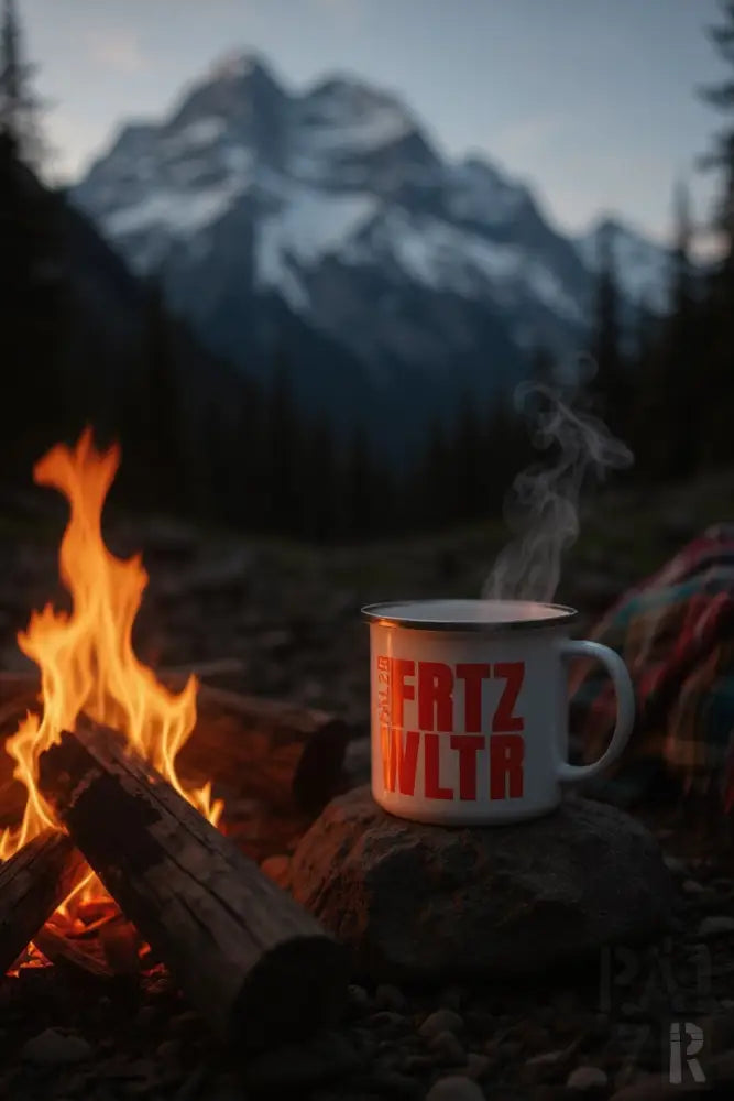 Weiße Emaille-Tasse mit rotem Text „fritz milta“ und aufsteigendem Dampf, platziert neben einem Lagerfeuer.