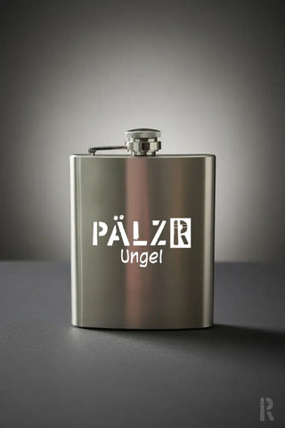 Pälzr flachmann silberner edelstahl flachmann mit gebürsteter oberfläche und weißer eingravierter schrift pälzr ungel