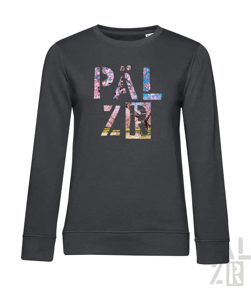 Dunkelgraues Sweatshirt mit floralem ’pal zer’ Grafikdesign.
