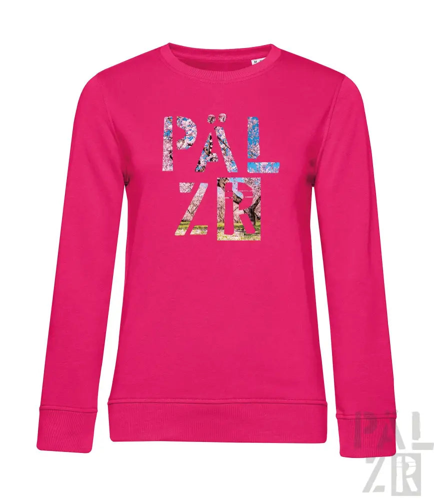 Rosa Sweatshirt mit ’pal zir’ Grafikdesign, das florale und abstrakte Muster aufweist.