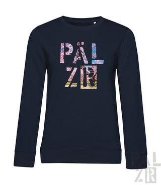 Marineblaues Bio-Baumwoll-Sweatshirt mit floralem ’Pälzer’-Grafikdesign.