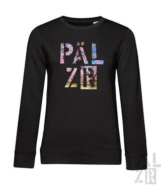 Schwarzes Sweatshirt mit floralem ’pal zr’-Design auf der Vorderseite.