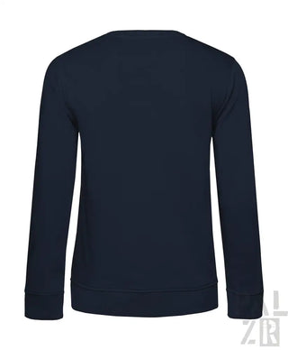 Marineblaues Crewneck-Sweatshirt mit gerippten Bündchen und Saum, wahrscheinlich aus Baumwolle oder Polyester-Mischung.