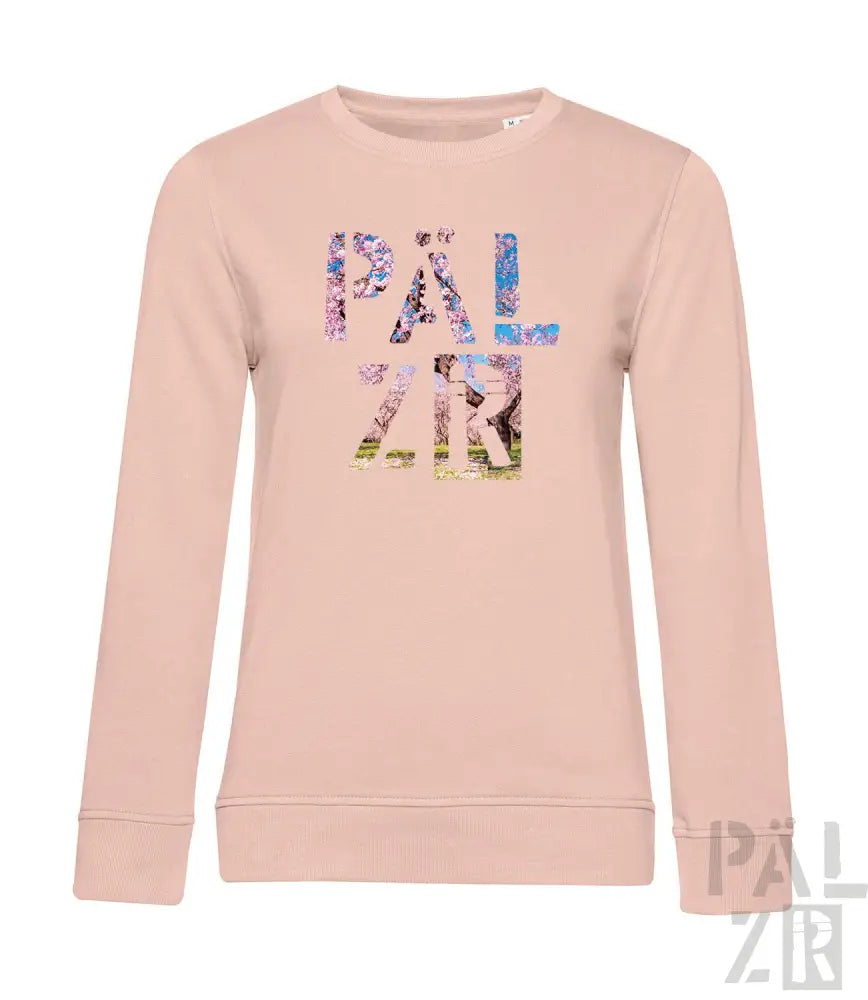 Hellrosa Sweatshirt mit ’palzir’-Logo in mehrfarbigem Blumenmuster.