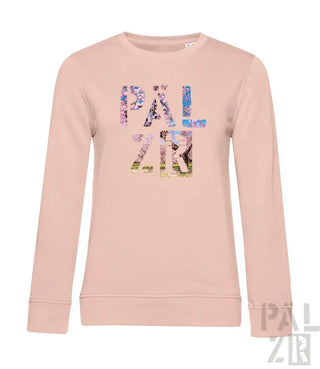 Hellrosa Sweatshirt mit ’palzir’-Logo in mehrfarbigem Blumenmuster.