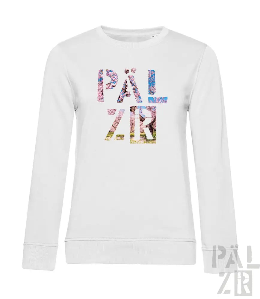 Weißes Sweatshirt mit farbenfrohem ’palzir’-Textdesign.