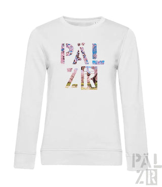Weißes Sweatshirt mit farbenfrohem ’palzir’-Textdesign.