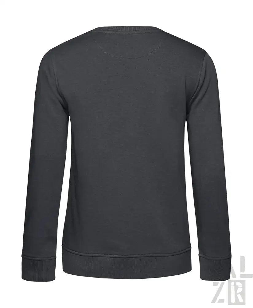 Kohle-graues Rundhals-Sweatshirt mit gerippten Bündchen und Saum, wahrscheinlich aus Baumwolle oder Polyester-Mischung gefertigt.