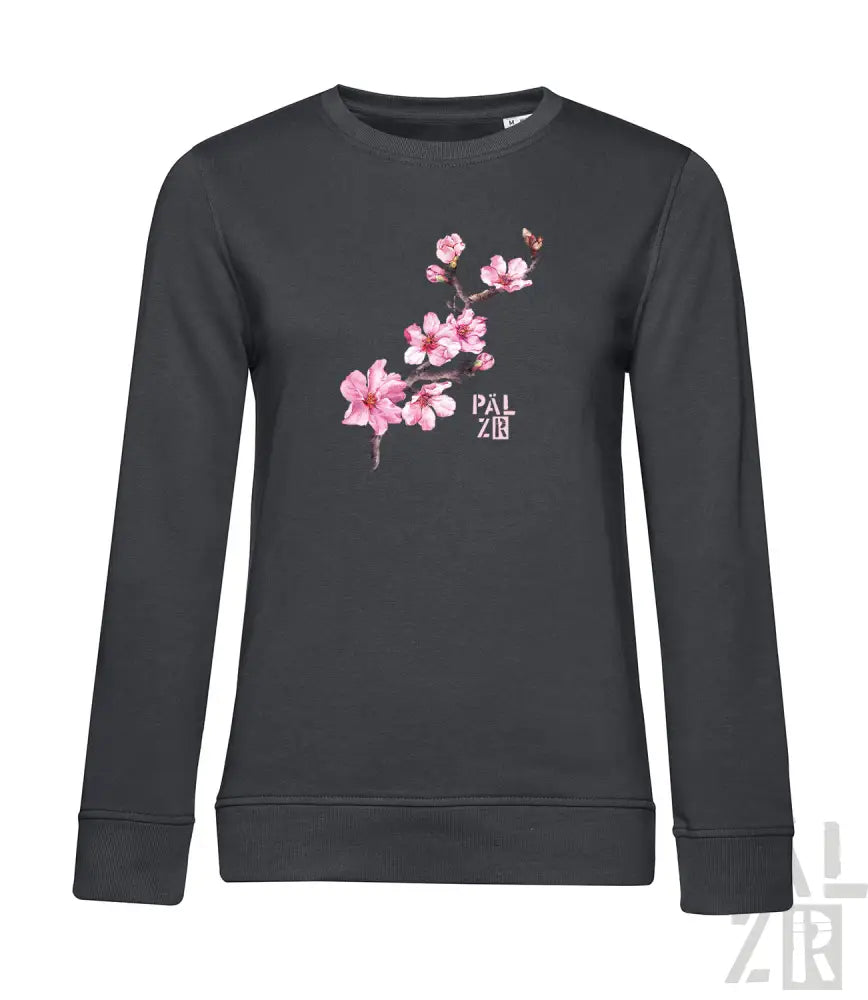 Kohle-graues Sweatshirt mit rosa Kirschblüten-Design und ’pal zileri’ Branding.