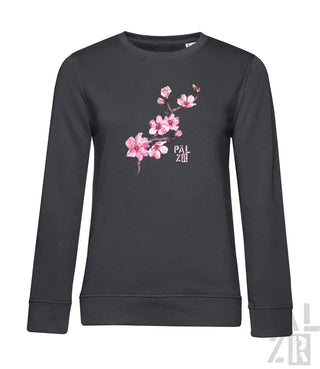 Kohle-graues Sweatshirt mit rosa Kirschblüten-Design und ’pal zileri’ Branding.