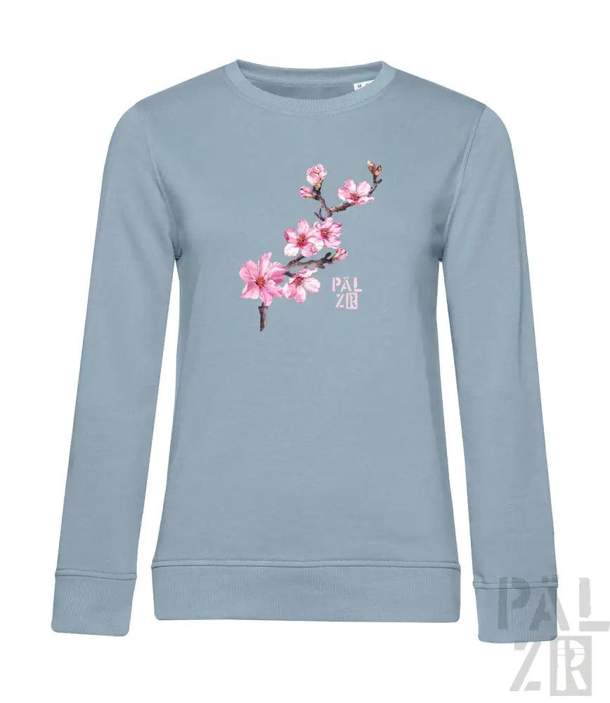 Hellblaues Sweatshirt mit pinkem Kirschblüten-Design und ’palzbr’-Logo.
