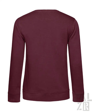 Bordeaux-farbene Rundhals-Sweatshirt mit gerippten Bündchen und Saum, wahrscheinlich aus Baumwolle oder Polyester-Mischung gefertigt.