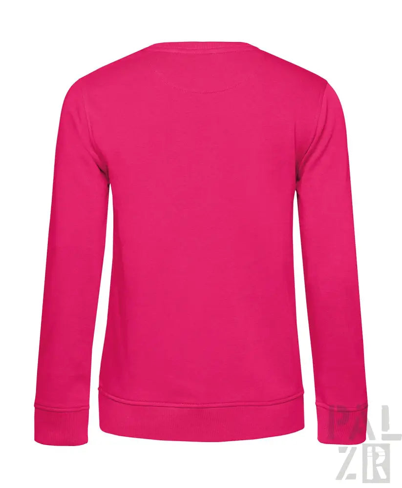 Fuchsia-rosa Rundhals-Sweatshirt mit gerippten Bündchen und Saum, wahrscheinlich aus Baumwolle oder Polyester-Mischung gefertigt.