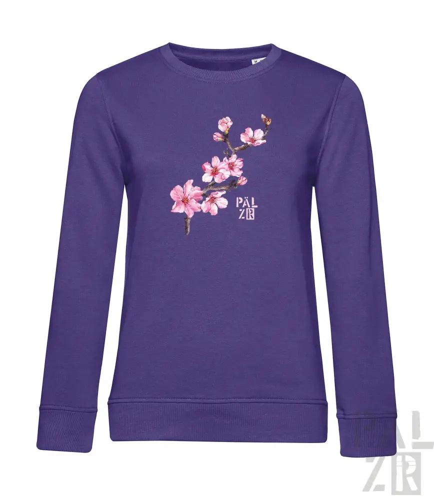 Lila Sweatshirt mit pinkem Kirschblüten-Design und ’palzur’-Logo.