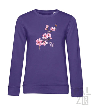 Lila Sweatshirt mit pinkem Kirschblüten-Design und ’palzur’-Logo.