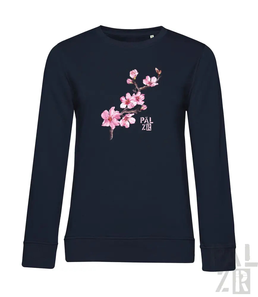 Marineblaues Sweatshirt mit rosa Kirschblüten-Design und ’pal zileri’-Branding.