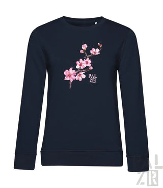 Marineblaues Sweatshirt mit rosa Kirschblüten-Design und ’pal zileri’-Branding.