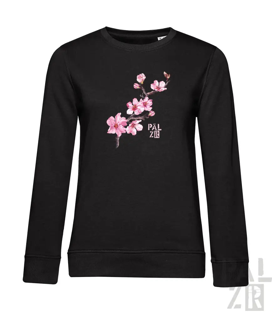 Schwarzes Sweatshirt mit pinkem Kirschblüten-Design und ’pal zileri’-Logo.