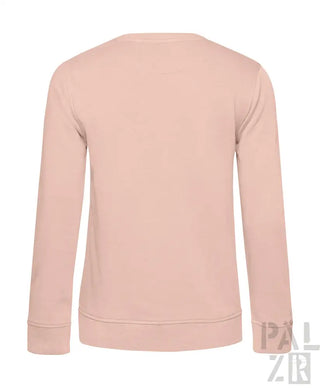 Hellrosa Rundhals-Sweatshirt mit gerippten Bündchen und Saum, wahrscheinlich aus Baumwolle oder Polyester-Mischung gefertigt.