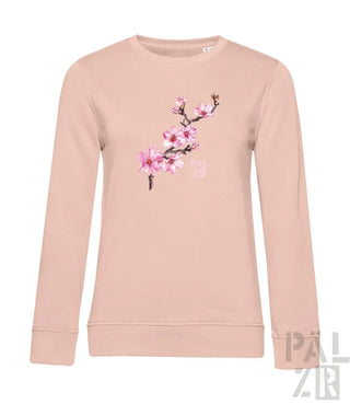 Hellrosa Sweatshirt mit Kirschblüten-Design, Material aus Bio-Baumwolle.