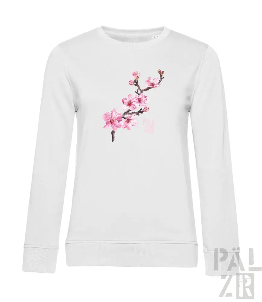 Weißes Sweatshirt mit rosa Kirschblüten-Design, Material aus Bio-Baumwolle.