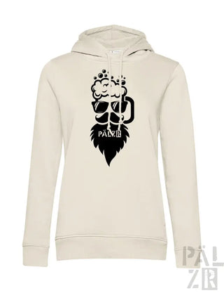 Creme-farbener Hoodie mit schwarzem Bierkrug- und Bart-Design, palzr Marke.
