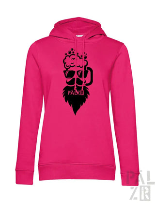 Rosa Hoodie mit Bierkrug-Design und ’Pfote’-Text auf der Vorderseite.