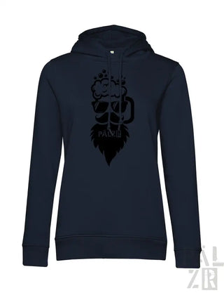 Marineblaue Kapuzenjacke mit Totenkopf-Design und Bierkrug, Text ’paul’ im Bart.