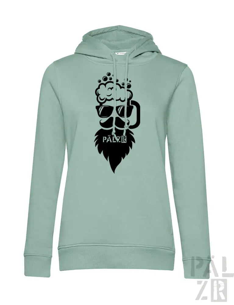 Minzgrüner Hoodie mit Bierkrug-Design und ’palz’-Logo.