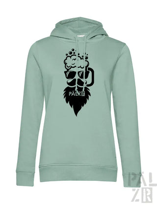 Minzgrüner Hoodie mit Bierkrug-Design und ’palz’-Logo.