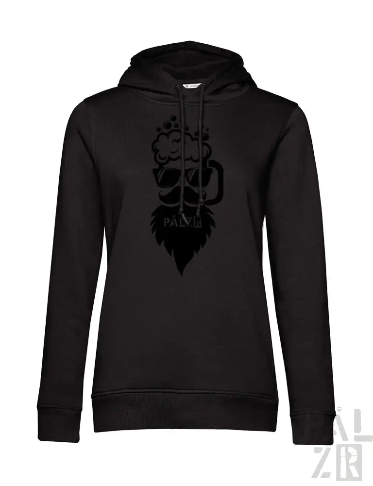 Schwarze Kapuzenjacke mit Bierkrug-Design, Material unbekannt, aber wahrscheinlich Baumwolle- oder Polyestermischung.
