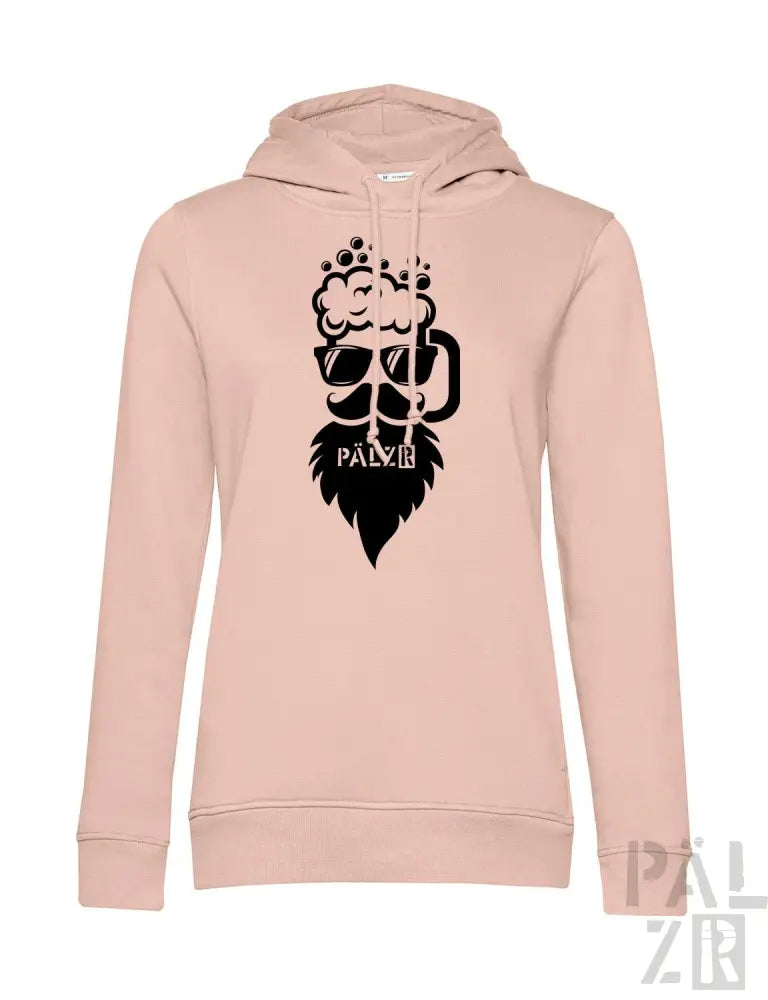 Rosa Hoodie mit Bierkrug-Design und ’palzr’-Logo.