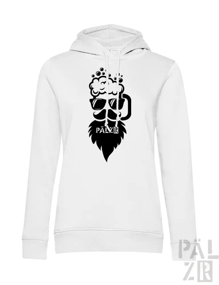 Weißes Hoodie mit schwarzem Bierkrug-Design und Text „palzb“ auf der Vorderseite.