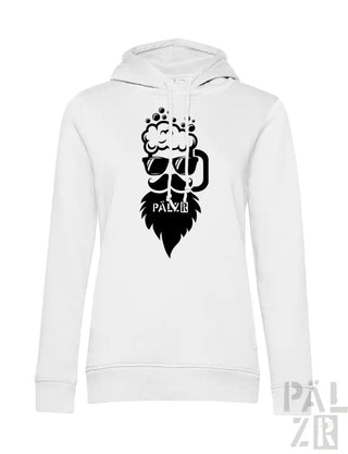 Weißes Hoodie mit schwarzem Bierkrug-Design und Text „palzb“ auf der Vorderseite.