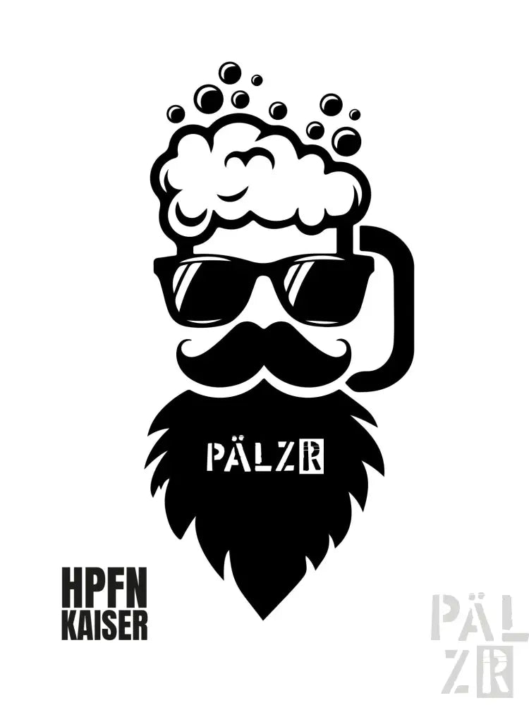 Schwarzer Bierkrug mit Sonnenbrille und Schaumkrone, beliebte Marke »hpfn kaiser«