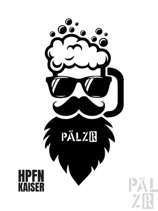 Schwarzer Bierkrug mit Sonnenbrille und Schaumkrone, beliebte Marke »hpfn kaiser«