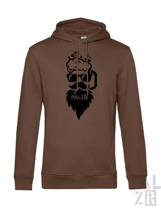 Braune Kapuzenjacke mit schwarzem Grafikdesign, das ein bärtiges Gesicht mit Bierkrug zeigt, Text ’palxiii’ unter dem Bart.