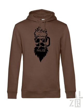 Braune Kapuzenjacke mit schwarzem Grafikdesign, das ein bärtiges Gesicht mit Bierkrug zeigt, Text ’palxiii’ unter dem Bart.