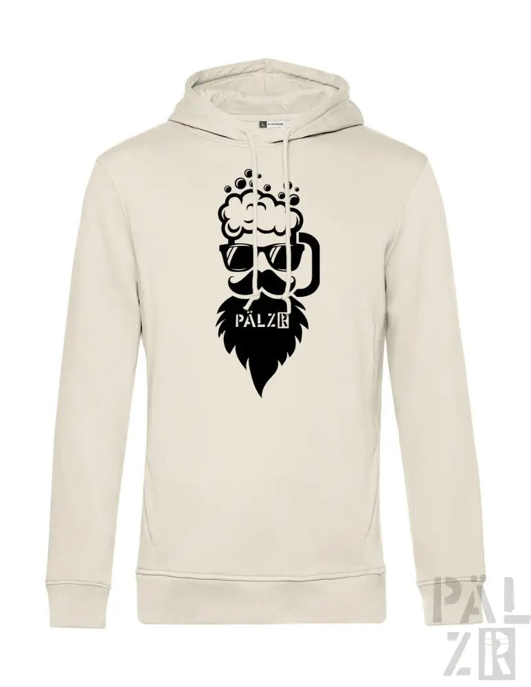 Cremeweiße Hoodie mit schwarzem Bart- und Becher-Design, ’palz’-Logo auf der Vorderseite.
