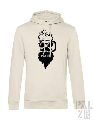 Cremeweiße Hoodie mit schwarzem Bart- und Becher-Design, ’palz’-Logo auf der Vorderseite.