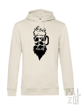 Cremeweiße Hoodie mit schwarzem Bart- und Becher-Design, ’palz’-Logo auf der Vorderseite.