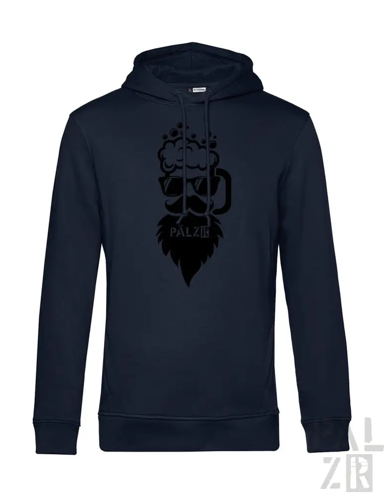 Marineblaue Kapuzenjacke mit schwarzem Bierkrug- und Löwendesign, ’pale a’ Text auf der Brust.