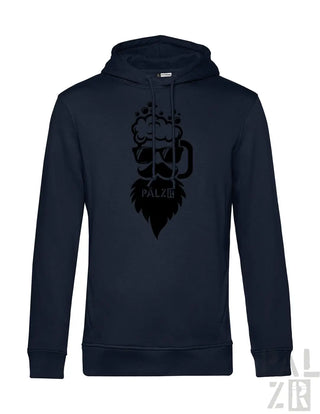 Marineblaue Kapuzenjacke mit schwarzem Bierkrug- und Löwendesign, ’pale a’ Text auf der Brust.