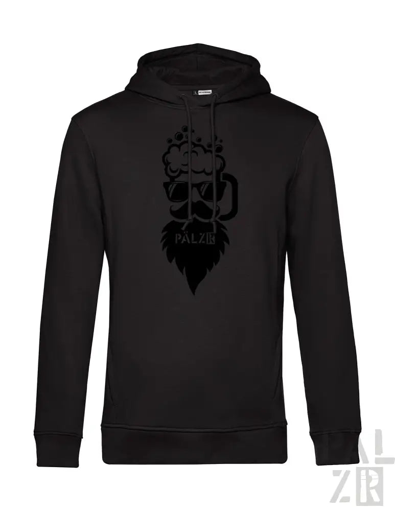 Schwarze Hoodie mit Bierkrug-Design, Material unbekannt, aber wahrscheinlich Baumwolle- oder Polyestermischung.
