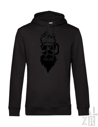 Schwarze Hoodie mit Bierkrug-Design, Material unbekannt, aber wahrscheinlich Baumwolle- oder Polyestermischung.
