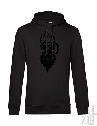 Schwarze Hoodie mit Bierkrug-Design, Material unbekannt, aber wahrscheinlich Baumwolle- oder Polyestermischung.