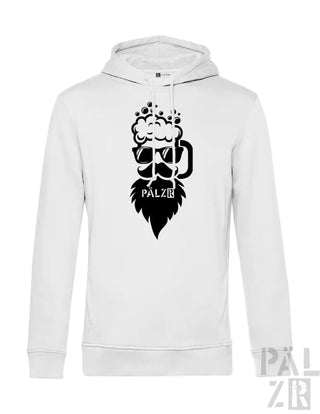 Weißes Hoodie mit schwarzem Bierkrug- und Bart-Design, Material wahrscheinlich Baumwolle oder Polyester-Mischung.
