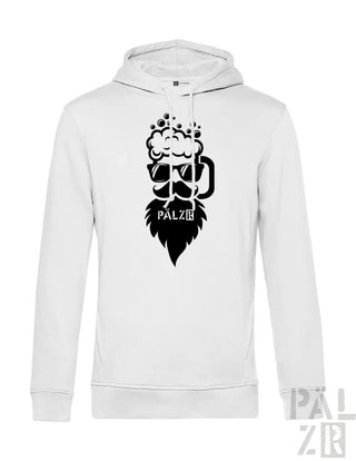 Weißes Hoodie mit schwarzem Bierkrug- und Bart-Design, Material wahrscheinlich Baumwolle oder Polyester-Mischung.